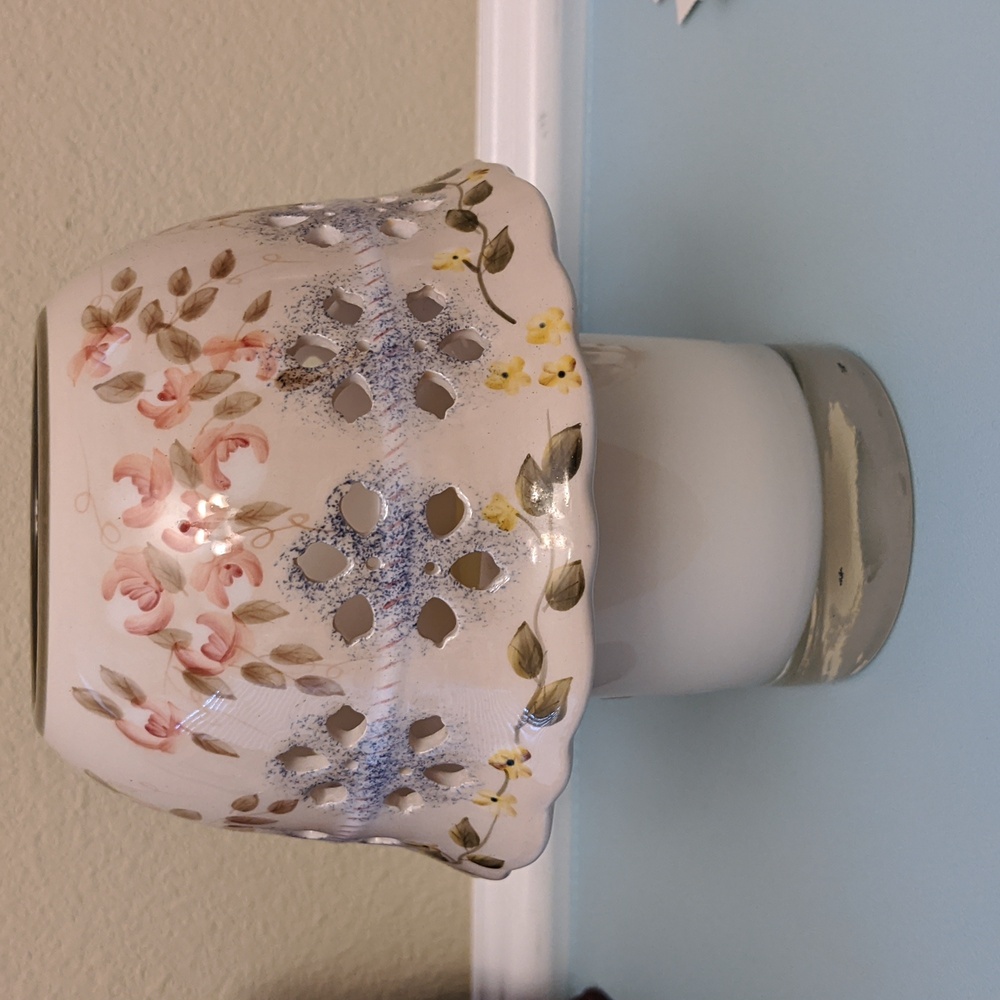 Ceramic Jar Candle Topper 6" Shade Floral Neutral Taupe Cutouts Luminary Decor